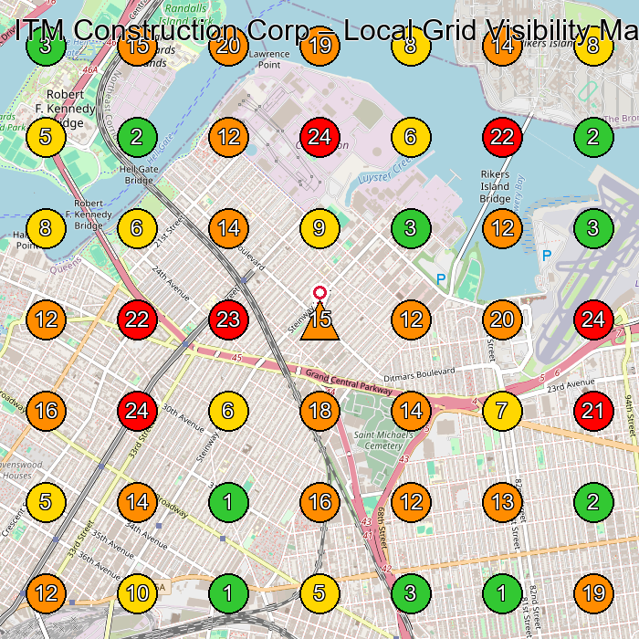 ITM Construction Corp General Contractor GeoGrid ranking map for Queens NY